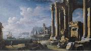 Leonardo Coccorante A capriccio of architectural ruins with a seascape beyond oil on canvas